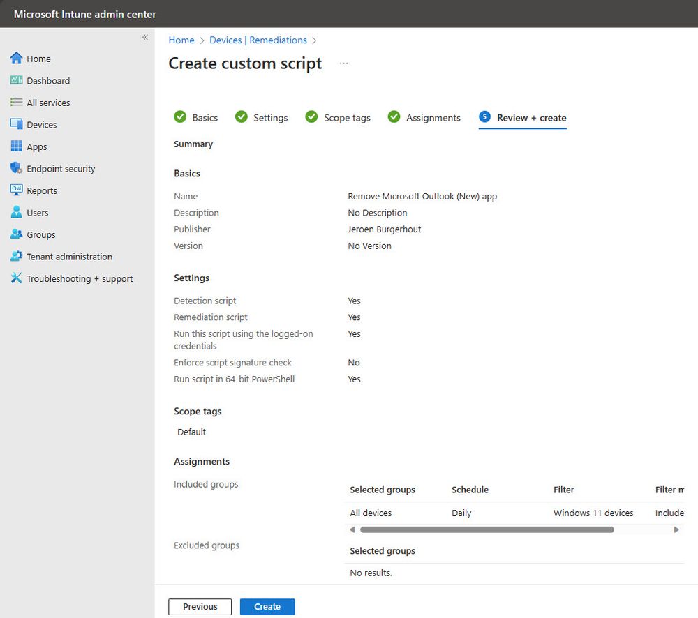remove outlook new from windows 11 intune
